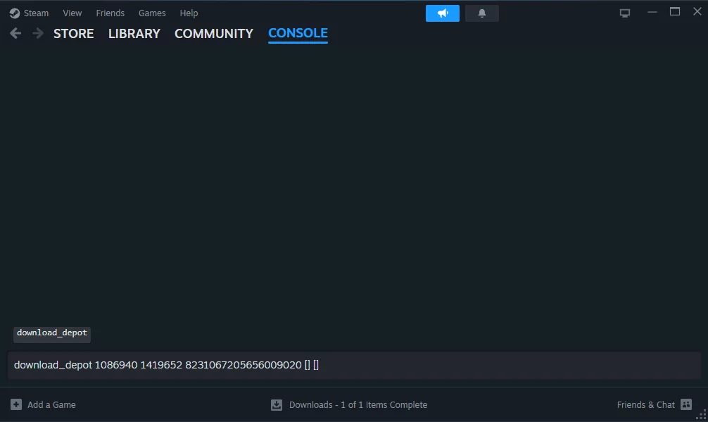 The Steam Console opens; copy-paste the command given below in it: download_depot 1086940 1419652 8231067205656009020 [] [] 