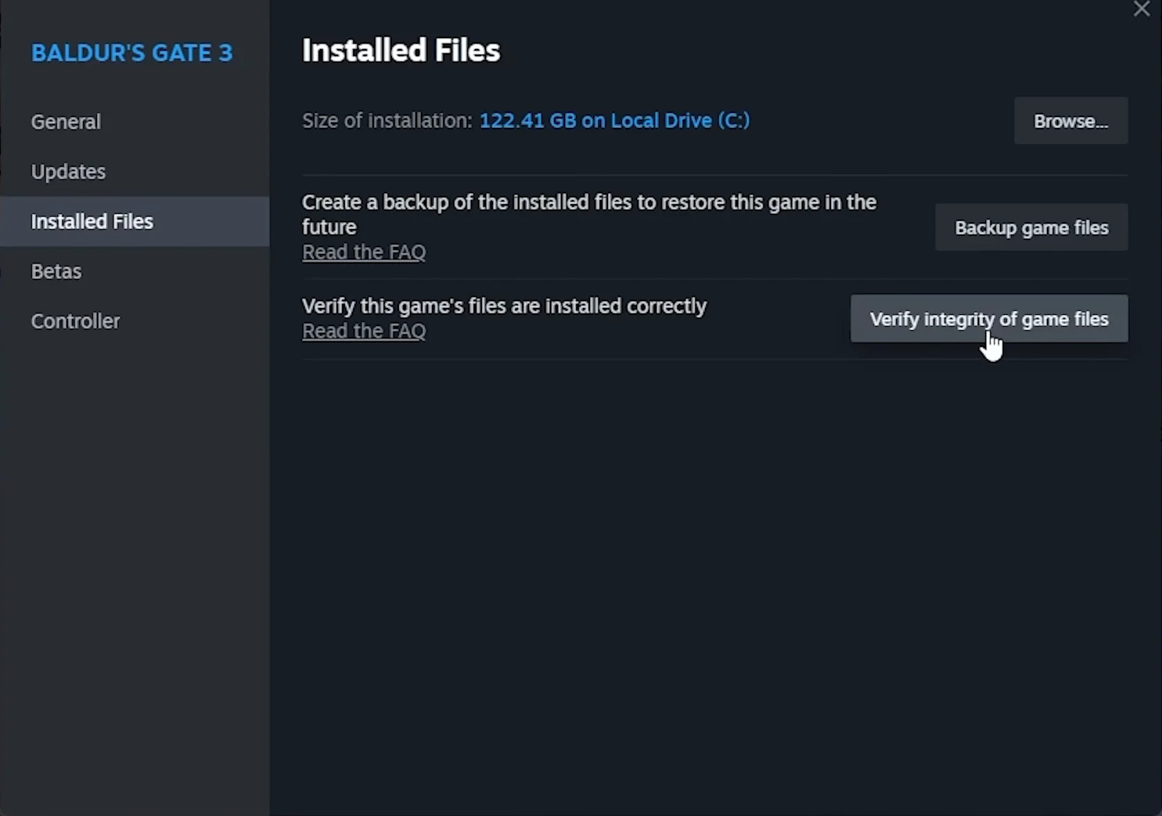 Expand the Local Files tab from the left pane and click the Verify integrity of Game files button from the right pane 