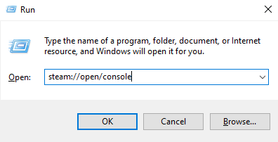 Press the Win + R keys, type steam://open/console in the Open textbox and click the OK button 